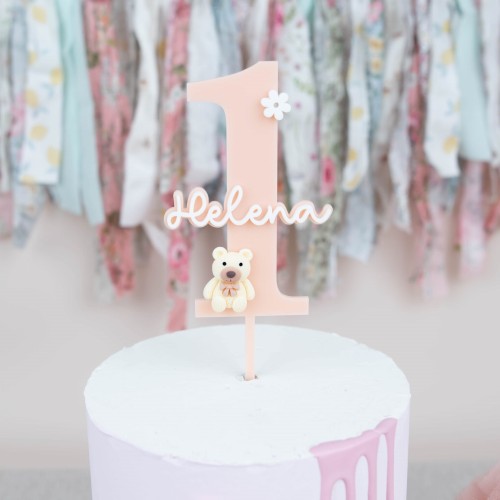 Cake Topper erster Geburtstag mit pfirsichfarbener Zahl 1, süßem Bären und Blume – perfekte Tortendeko für den 1. Geburtstag