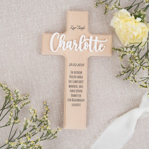 Personalisiertes Holzkreuz mit Name – Geschenk zur Taufe, Kommunion oder Firmung, handgefertigt aus Holz mit UV-Druck und Acrylschrift