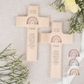 Taufkreuz mit Regenbogen in Rosa, Blau und Beige – personalisiertes Geschenk