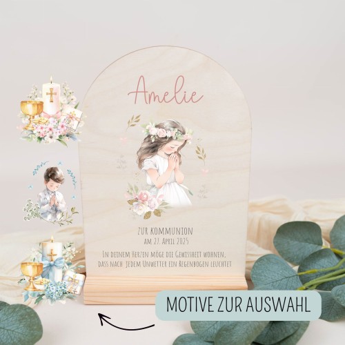 Personalisierte Holztafel zur Kommunion mit Name und Eukalyptuskranz – Geschenk zur Erstkommunion 2025