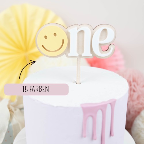 Cake Topper One mit Smiley aus Holz und Acryl, handgemachte Tortendeko für 1. Geburtstag