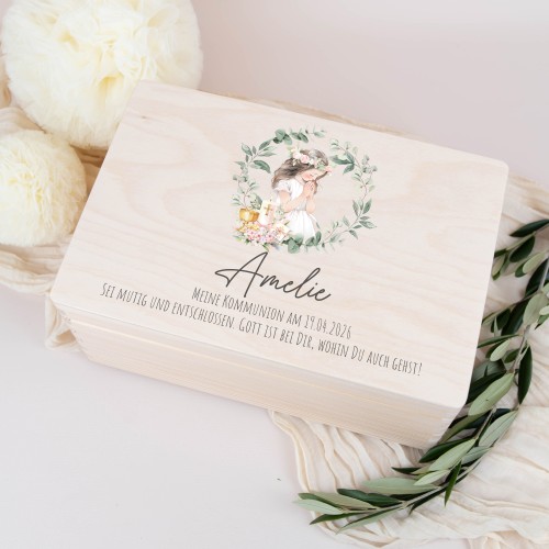Christliches Kommunionsgeschenk – personalisierte Erinnerungskiste aus Naturholz